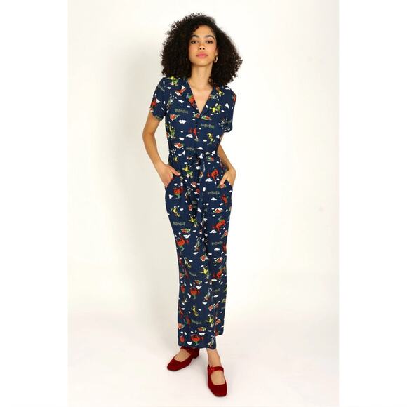 HVN Short Sleeve Gia Jumpsuit Navy Retro Cowboy Rodeo Print Size 6 Gently Used - Picture 2 of 12